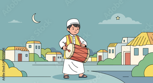 Ramadan Sahur Drummer Kid in Village Illustration