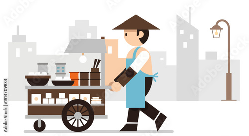 Street Tofu Seller with Cart in Simple Geometric Shapes Illustration