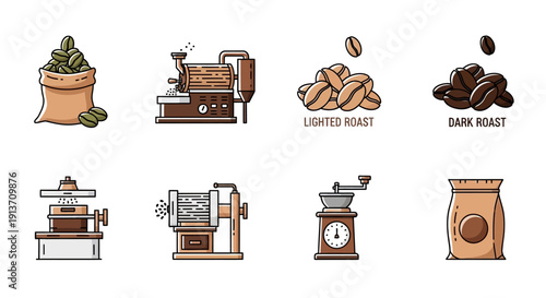 Coffee Production Stages and Equipment Illustration