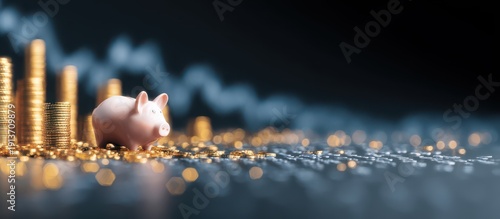 Small pink piggy bank among gold coins with an abstract business chart