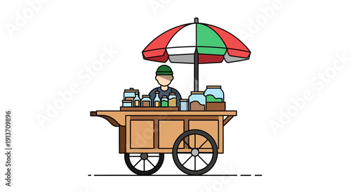 Traditional Street Vendor Cart with Colorful Umbrella Illustration