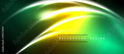 Abstract vibrant design features flowing yellow, green gradients. Smooth curves create dynamic visual impact. Dark background enhances luminosity.