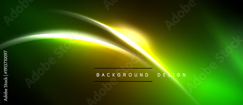 Bright neon lines form abstract curves. Green, yellow hues blend into dark background. Text reads background design.