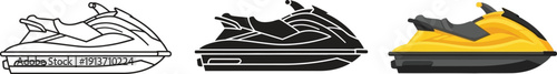 Collection of jet ski icons in outline silhouette and color representing water sports and recreational vehicles for summer activities