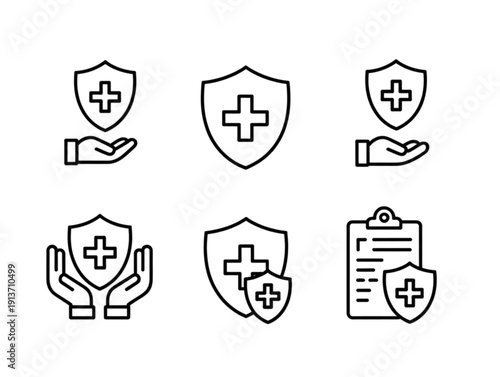 Set of six minimalist line art icons, featuring medical insurance shields, protective hands, and healthcare clipboard