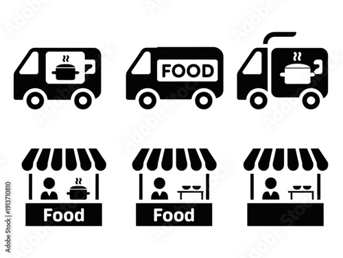 Set of six minimalist black icons, featuring mobile food trucks and outdoor market street stall symbols