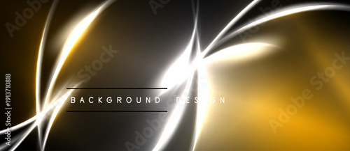 Abstract design features glowing lines, gold hues, dark backdrop. Elegant curves create dynamic visual impact. Modern aesthetic.