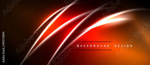 Abstract design features vibrant orange, red lines. Dynamic curves create modern visual impact. Dark background emphasizes glowing elements.