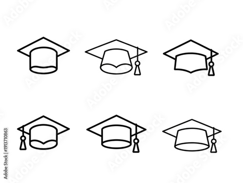 Set of six minimalist black line art icons, featuring various graduation cap and academic mortarboard symbols