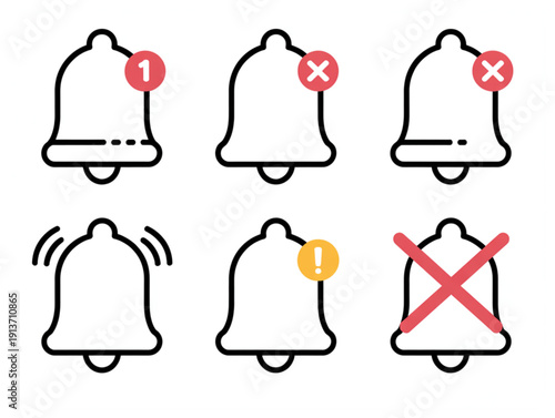Set of six minimalist line art icons, featuring bell notification symbols with various colorful status indicators