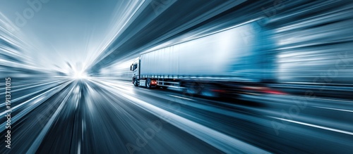 A large truck speeding down a highway with motion blur at night