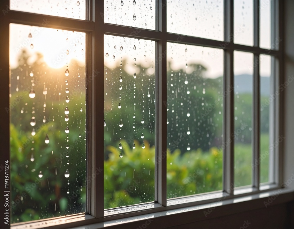 Fototapeta premium Rain Drops on Window Glass with Blurred Nature Background