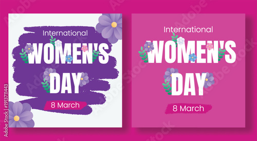 Vibrant 8 march women’s day celebrations social media posts with bold typography and purple brush strokes, perfect for square ads flier poster promo designs