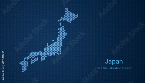 Japan map in hexagon grid style, abstract blue data background design.