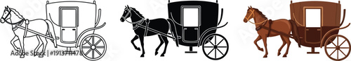 Collection of horse-drawn carriage illustrations including line art silhouette and realistic styles perfect for historical themes or vintage design elements
