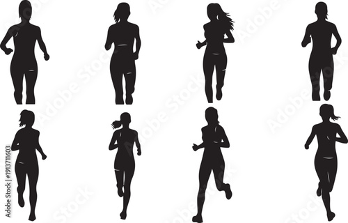 Collection of eight black female running silhouettes on white background woman