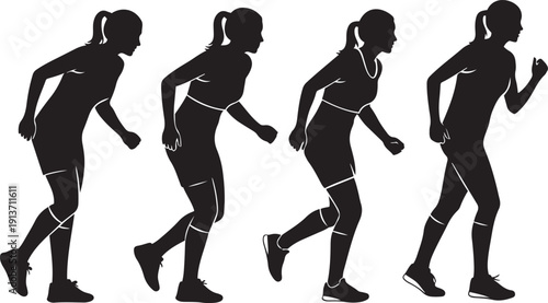 Four black silhouette female runners in motion on white background running woman athlete sport