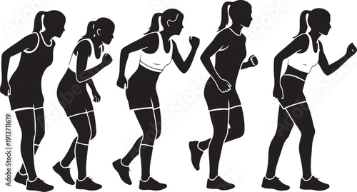 Five black silhouette female runners in various stages of motion on a white background running athlete