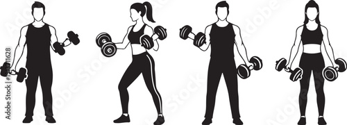 Four black silhouette figures men and women exercising with dumbbells fitness exercise weightlifting