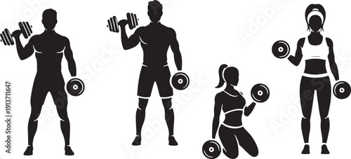 Four black silhouette figures exercising with dumbbells fitness exercise weightlifting workout