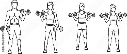 Man and three women exercising with dumbbells line fitness exercise workout weightlifting