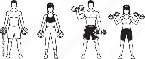Man and woman exercising with dumbbells in line style fitness exercise