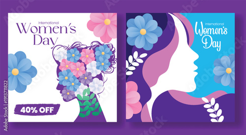 Vivid 8 march women’s day celebrations social media posts featuring women silhouette adorned with colorful floral designs, ideal for square ads flier poster promo designs