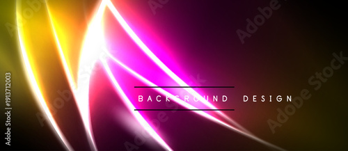 Bright neon lines intersect over dark background. Vivid magenta, yellow hues create dynamic visual effect. Modern design element.