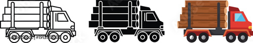 Set of logging truck icons flat design vector illustrations for transportation and industry isolated on white