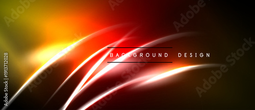 Abstract background features vibrant orange, red, yellow gradients. Smooth curves create dynamic light effects, modern design element.