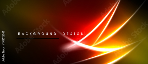 Vibrant neon lines over dark background. Red, orange, yellow hues create dynamic visual effect. Modern design element.