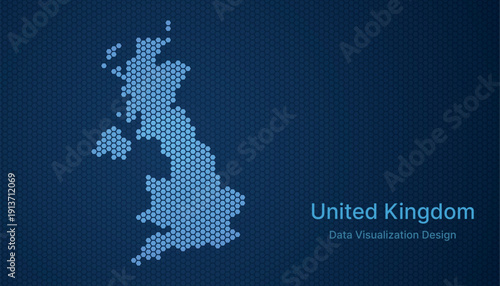 United Kingdom map in hexagon grid style, abstract blue data background design.