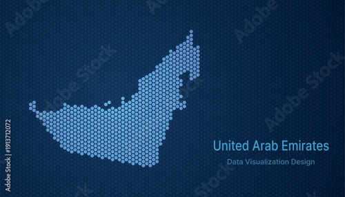 United Arab Emirates map in hexagon grid style, abstract blue data background design.