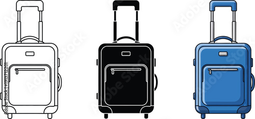 Collection of rolling luggage icons in outline black and blue colors representing travel and transportation for web and print design
