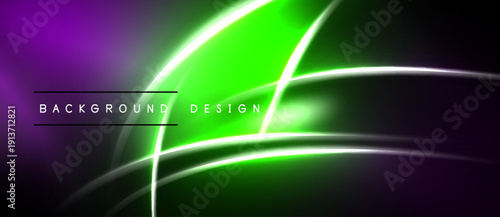 Abstract neon lines create vibrant purple, green gradients. Modern design suitable for digital backgrounds, presentations. Smooth curves intersect.