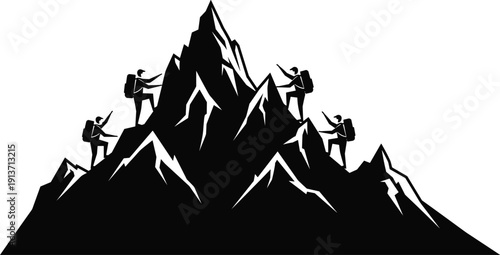 Black Silhouette Of Mountain Climbers Hiking And Scaling A Steep Peak For Mountaineering Exploration Outdoor Adventure Success Or Peak Performance Concept Vector Illustration Isolated On White