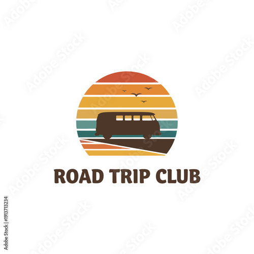 Vintage Sunset Road Trip Van Logo