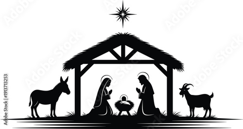 Christmas Nativity Scene Silhouette Featuring Mary Joseph And Baby Jesus In Manger With Star Of Bethlehem Donkey And Goat For Religious Holiday Christian Celebration Or Birth Of Christ Concept Vector