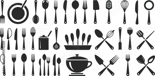 A collection of various kitchen utensils and cookware silhouettes.