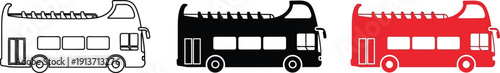 Collection of double decker bus icons including outline black and red styles perfect for travel and city transport concepts