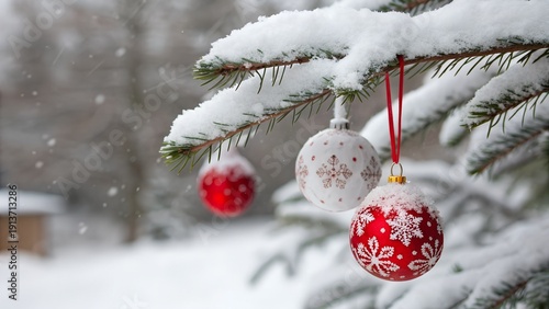 Red and white Christmas ornaments hanging from a snow-covered tree branch.