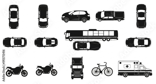 Collection of vehicle silhouettes from a top down view.