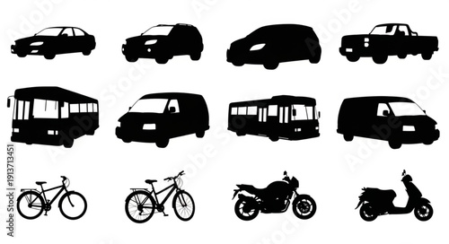 Collection of vehicle silhouettes including cars buses motorcycles and bicycles.