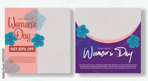 International women’s day celebrations social media posts, woman holding flowers and group of women, 8 march square ads, promo designs, banner, web banner illustrations