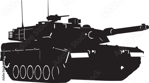 Military tank silhouette vector illustration featuring heavy armored vehicle and line art