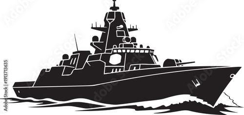 Modern military navy warship vector silhouette illustration sailing on ocean water waves