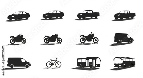 Collection of vehicle silhouettes including cars motorcycles vans and bicycles.