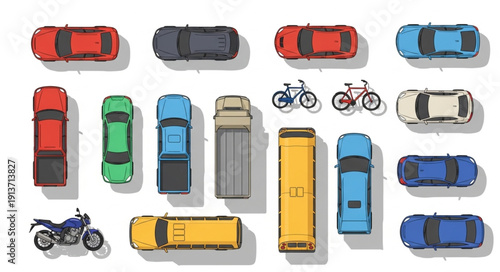 Collection of various vehicles seen from above.