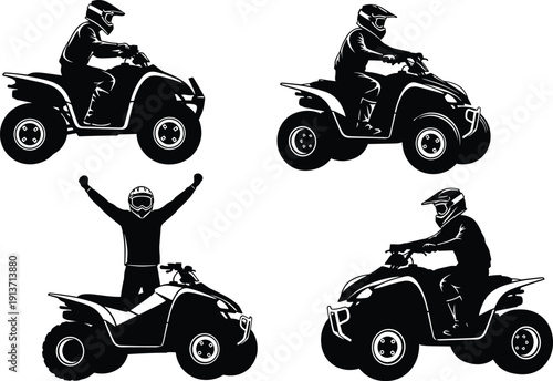 Set Of Black ATV Rider Silhouettes Featuring Quad Bike Racers In Various Poses Including Standing And Speeding For Off-Road Adventure Extreme Sports Or Outdoor Motorsport Concept Vector Illustration