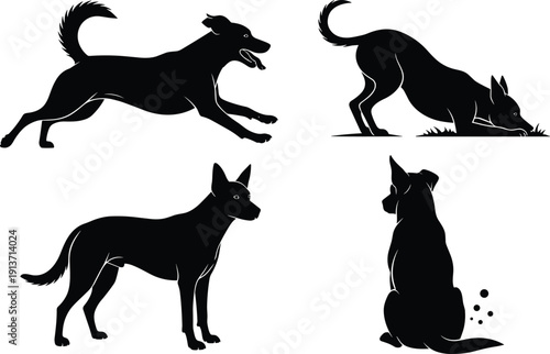 Set Of Black Dog Silhouettes In Various Poses Including Running Jumping And Sitting For Pet Care Veterinary Services Animal Welfare Training Or Domestic Canine Concept Vector Illustration Isolated 